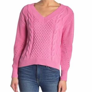 ABOUND Cable Knit Sweater Pink Aurora Cotton V-Neck Pullover High Low Hem